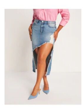 🩵 Vici Medium Wash Distressed High-Low Denim Midi Skirt
